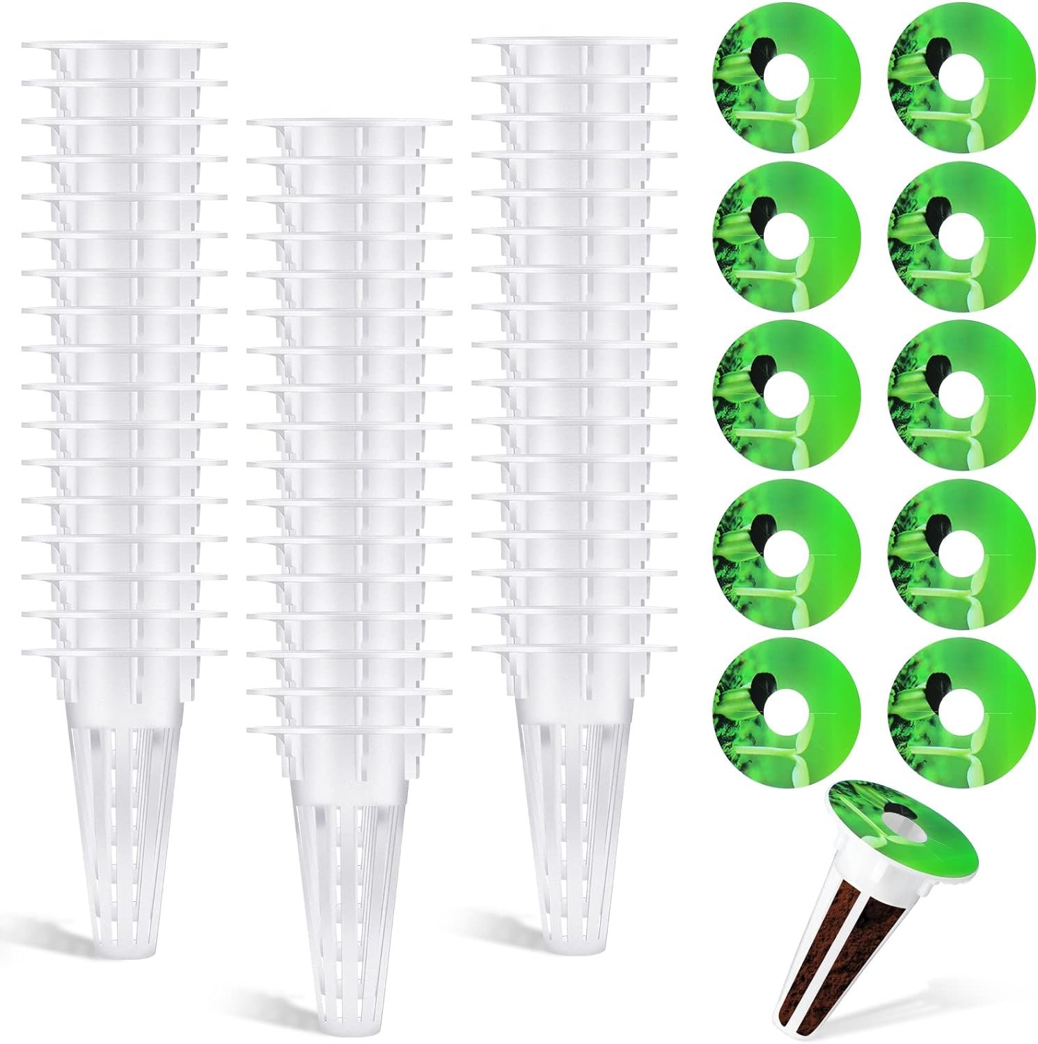 100 Pcs Hydroponic Growing Kit Include 50 Pcs Hydroponic Plant Replacement Basket Plant Growing Containers and 50 Pcs Seed Pot Label Compatible with Hydroponic Growing System (White)