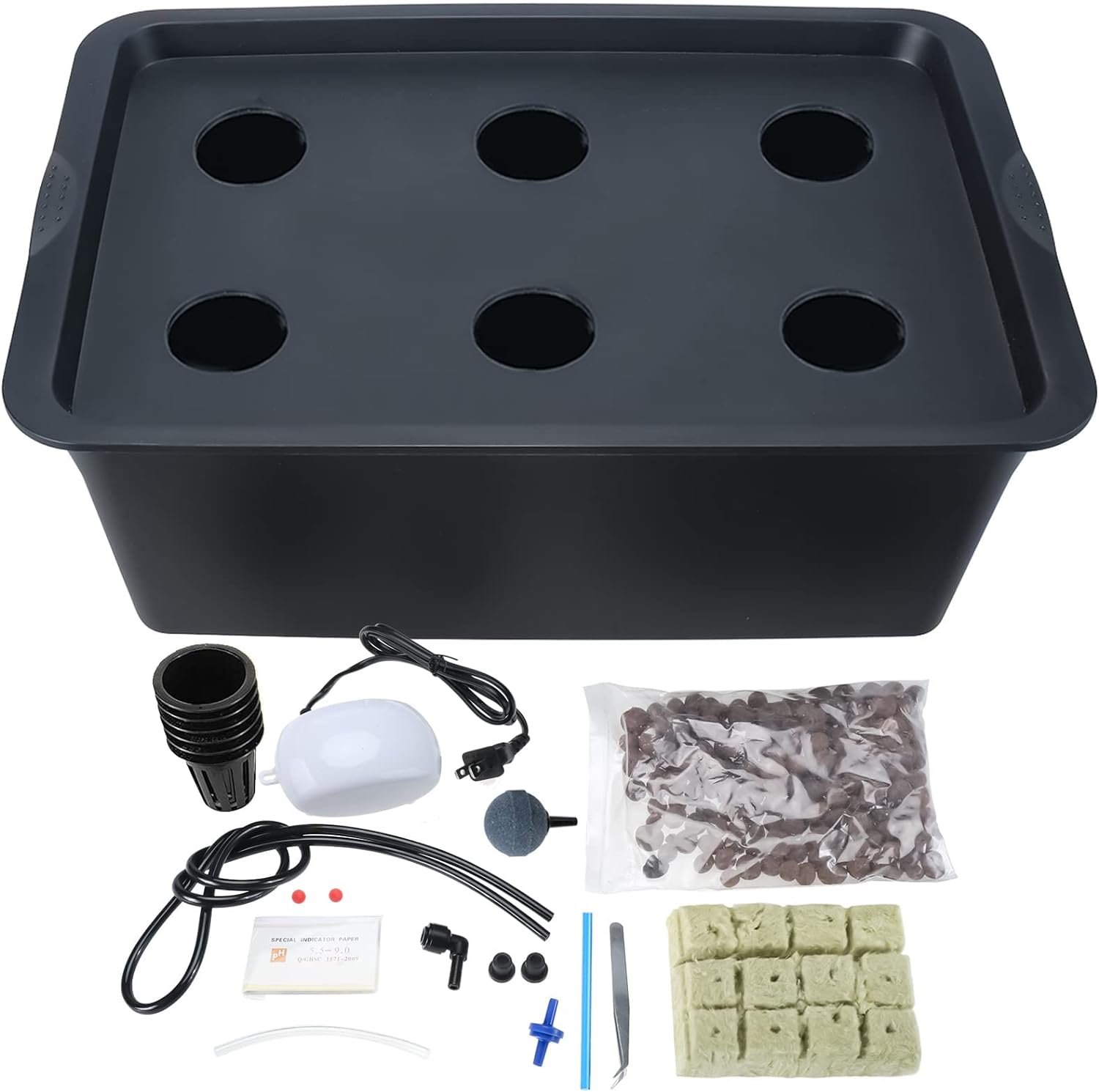HighFree Hydroponic System Growing Kit for Plants Herb Garden Starter Set 6 Sites DIY Self Watering Indoor Hydroponics Tools with Large Bubble Stone Rockwool Bucket Air Pump (6 Sites - Black)