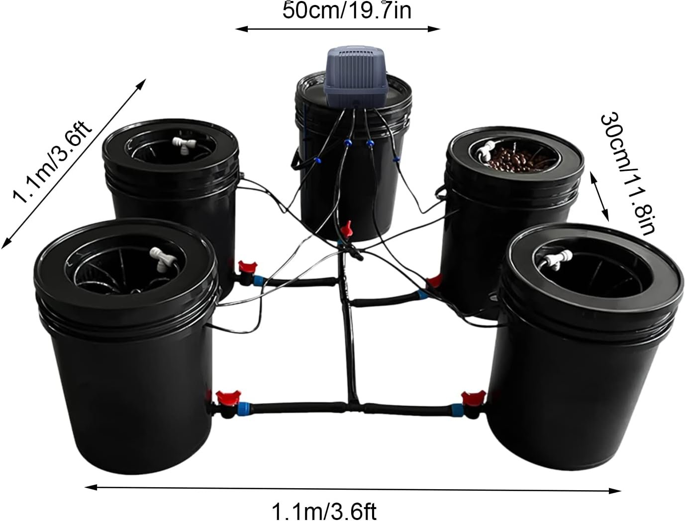 Hydroponics Growing System 5 Gallon 5 Buckets w/Reservoir Kit Deep Water Culture Growing Bucket Plant Multi Barrel Hydroponic Machine Drip Irrigation System for Indoor Outdoor Leafy Vegetables