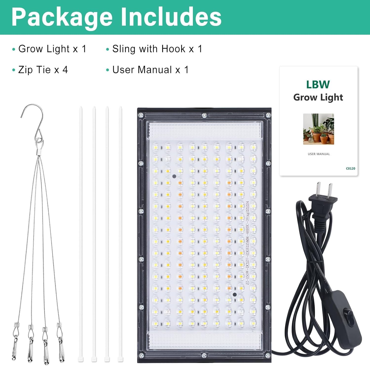 LBW Grow Lights for Indoor Plants, 144 LEDs Full Spectrum Grow Light, Hanging Plant Grow Light with 4H/8H/12H Timer, 6 Dimmable Levels, Grow Lamp for Greenhouse Tents Veg Bloom Seedlings