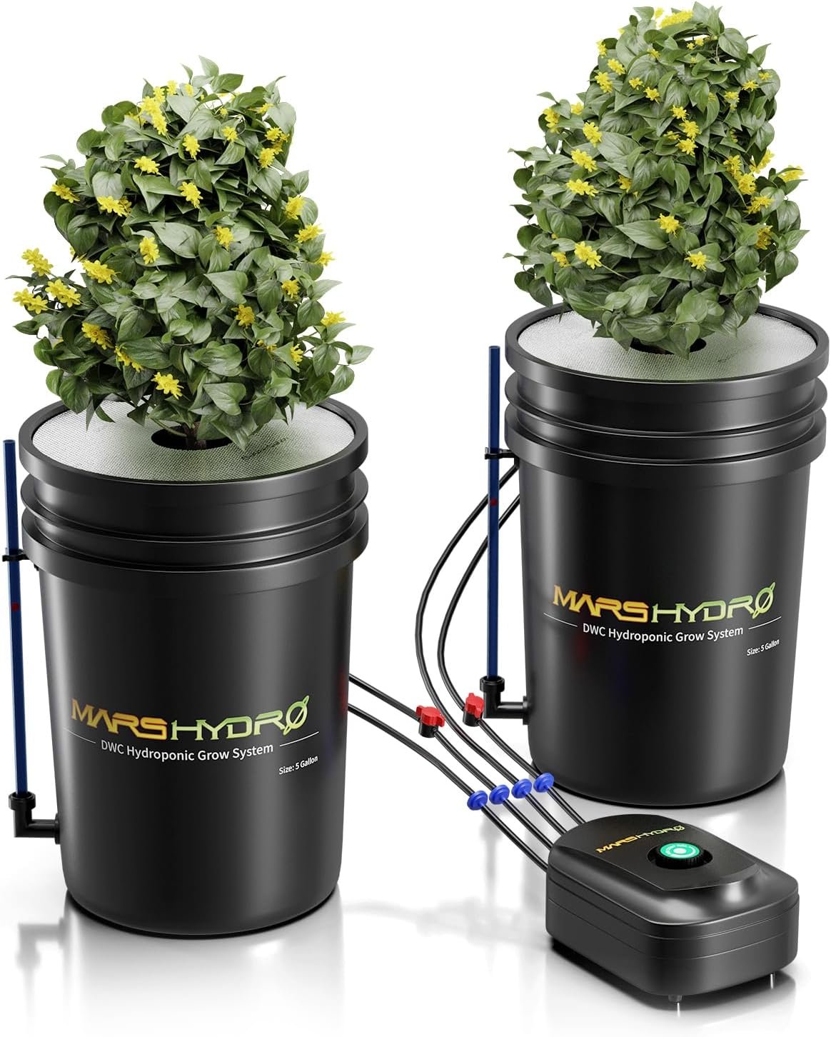 Mars Hydro DWC Hydroponics Grow System 5 Gallon Deep Water Culture with 8W Air Pump, Multi-Purpose Air Hose, Air Stone, 2 Buckets and Top Drip Kit