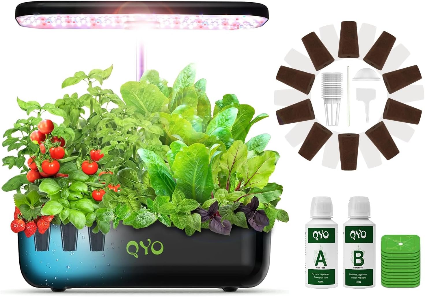 QYO Hydroponics Growing System, 12 Pods Indoor Herb Garden with 36W Full-Spectrum Grow Light, Pump System, Automatic Timer, 23.8 Height Adjustable, Plants Germination Kit for Home Kitchen Gardening