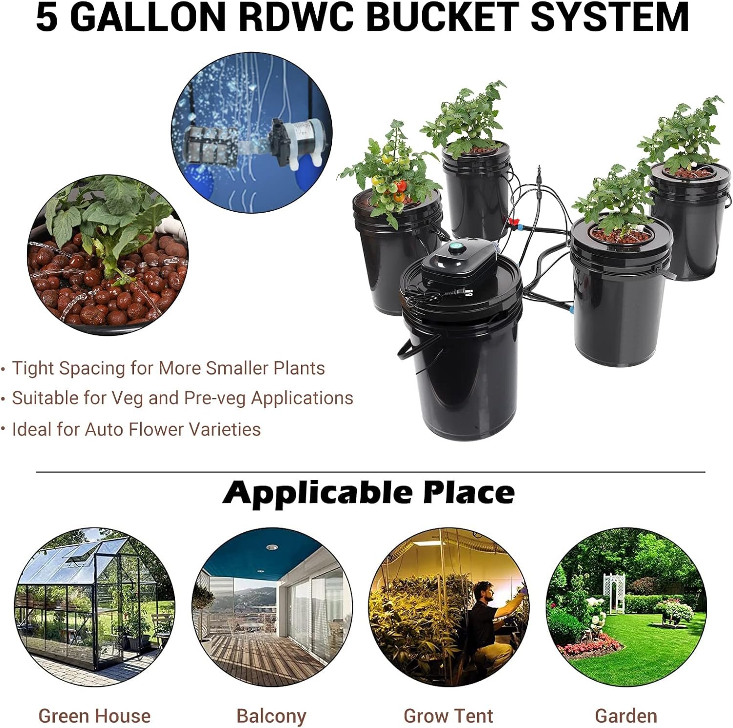 RDWC Top Feed Drip Hydroponics Systems 6 Buckets + Reservoir, Recirculating Deep Water Culture Hydroponic Bucket System, 5 Gallon Hydroponics Grow System Kit with Water Pump, Air Pump