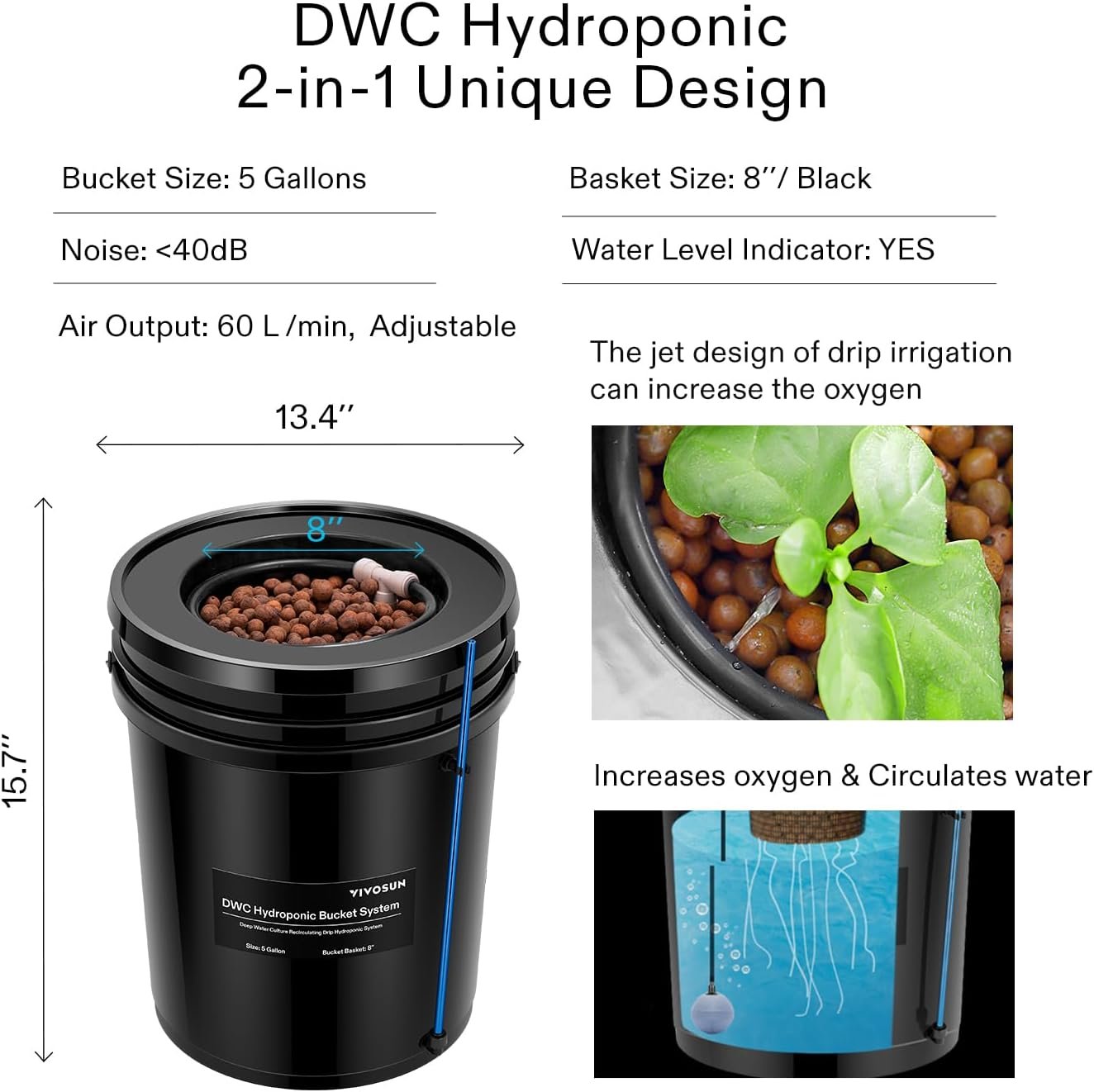 VIVOSUN DWC Hydroponics Grow System with Top Drip Kit, 5-Gallon Deep Water Culture, Recirculating Drip Garden System with Multi-Purpose Air Hose, Air Pump, and Air Stone (4 Buckets + Top Drip Kit)